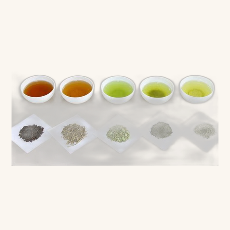 Japanese tea set — five leaf teas showing different colours